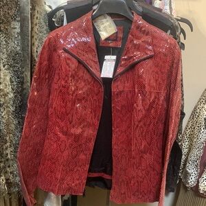 Vibrant Red Leather Jacket with Textured Pattern